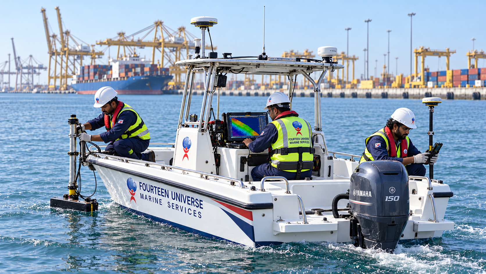 FUMS survey boat equipped for multibeam bathymetric survey
