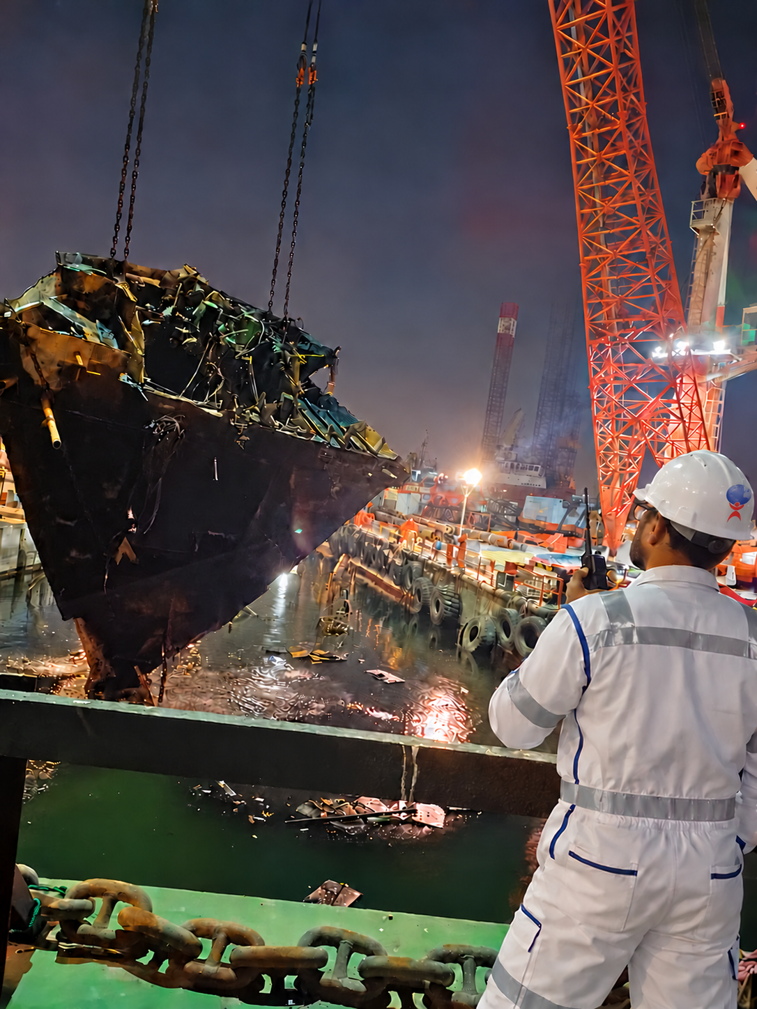 Fourteen Universe team member in white PPE during a night wreck removal operation