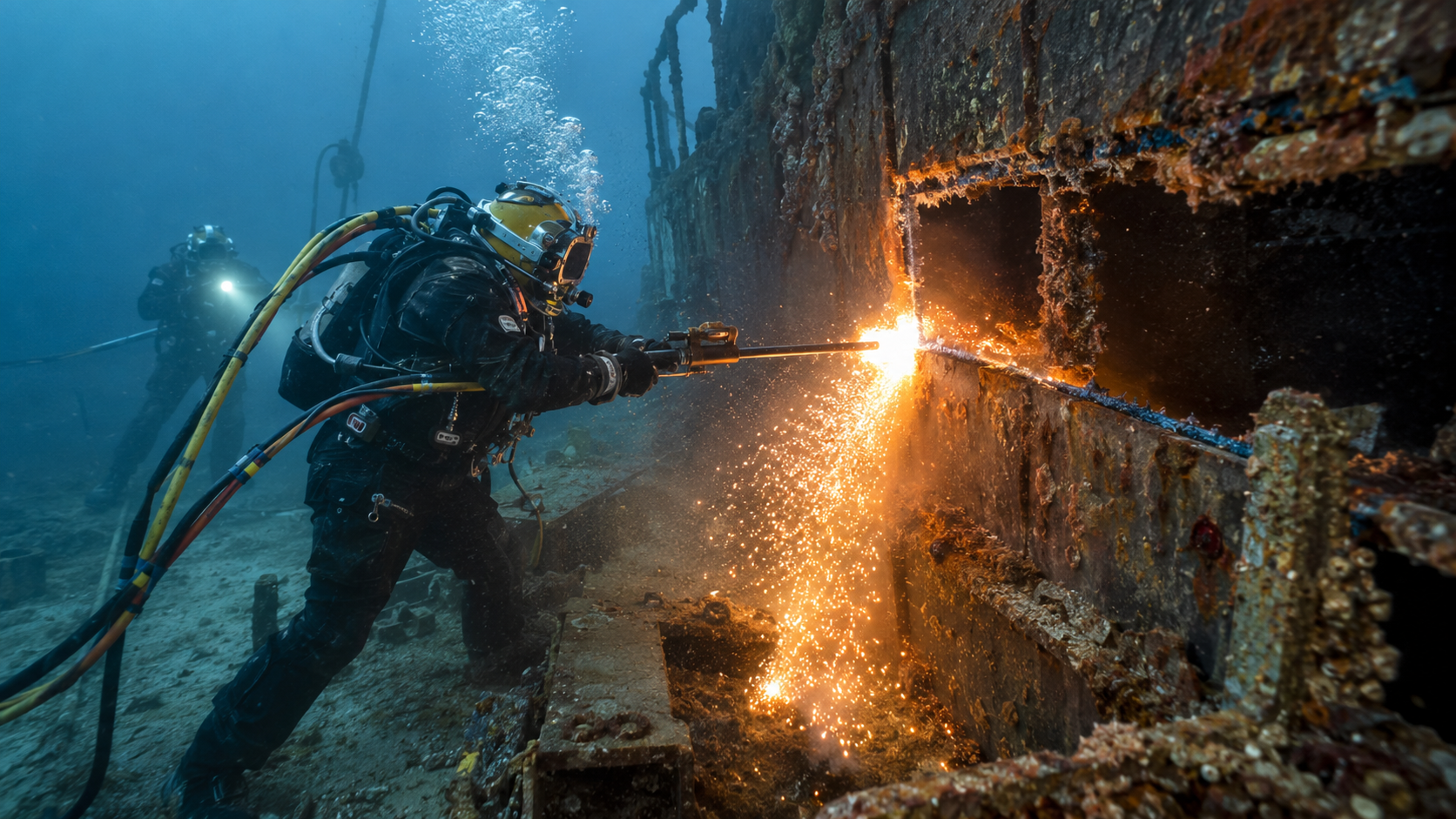 Representative underwater cutting operation on a sunken vessel hull